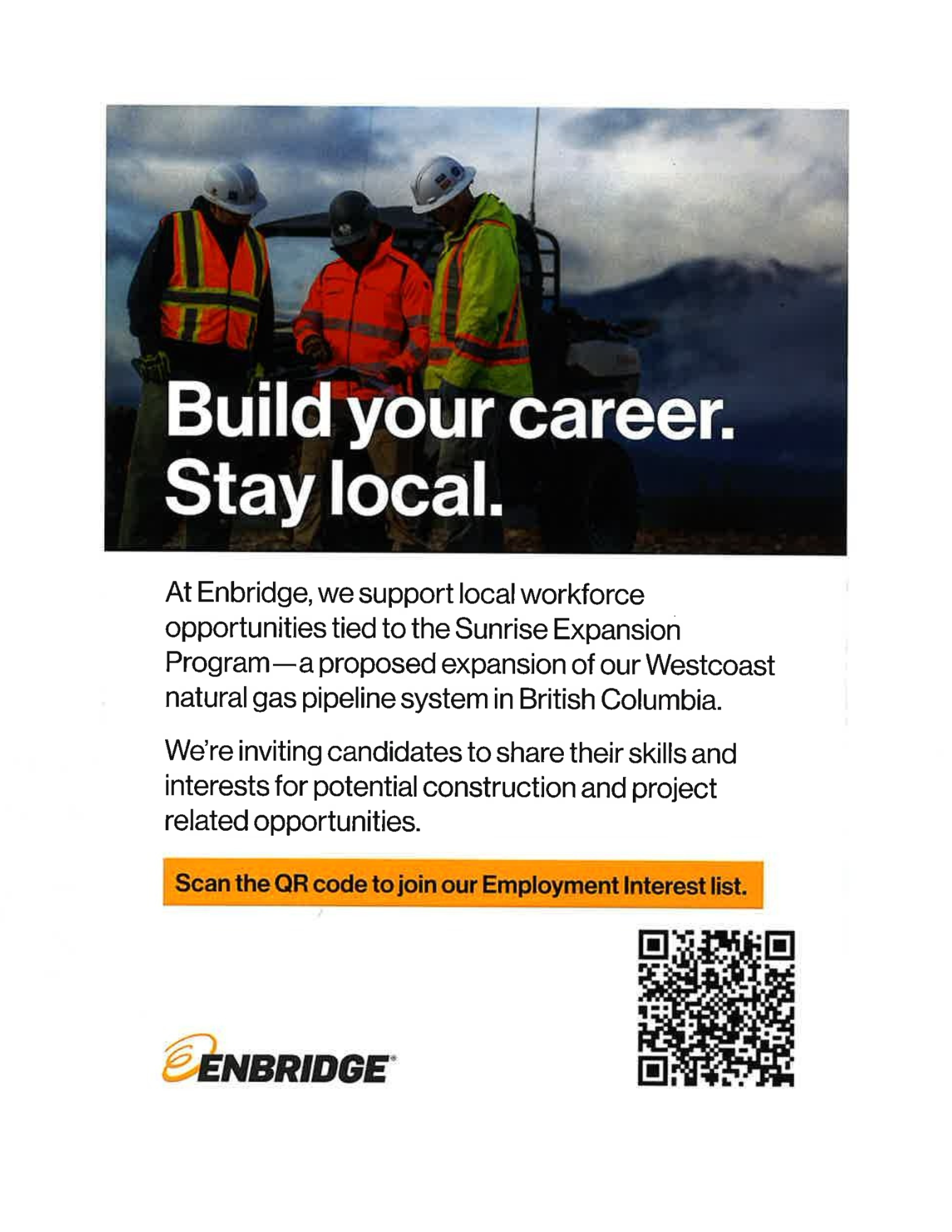 Flyer regarding Enbridge and joining Employment and related opportunities list with QR code
