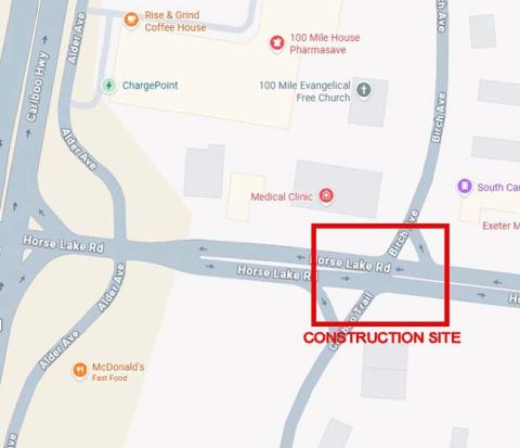map showing location of construction at the intersection of Horse Lake Rd, Cariboo Trail and Birch Avenue
